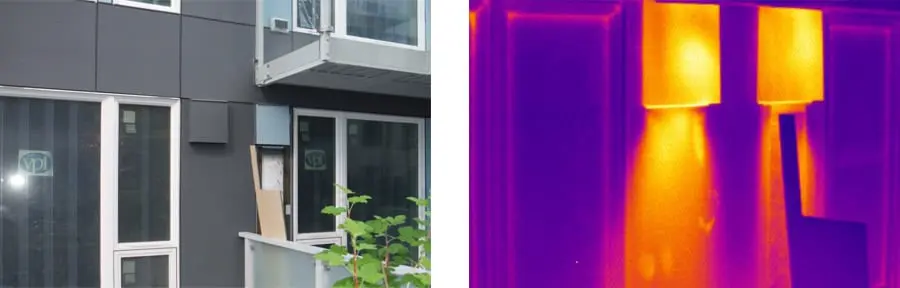Left: vent shrouds from adjacent units where the ventilation duct work exits the building; right: an infrared image of these same shrouds with the building positively pressurized during airtightness testing